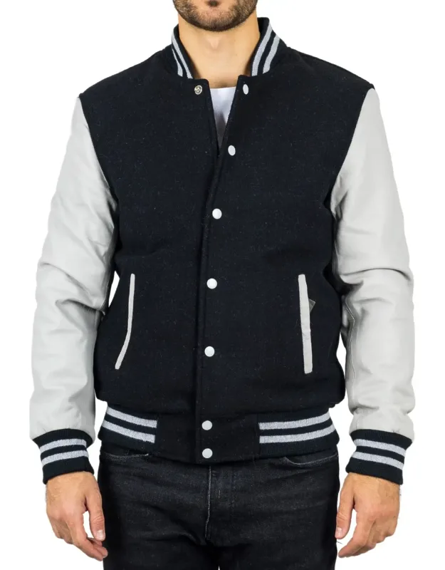 Varsity Bomber Jacket Wool Body Real Leather Sleeves College Baseball Coat, High-quality Material, Comfortable Fit