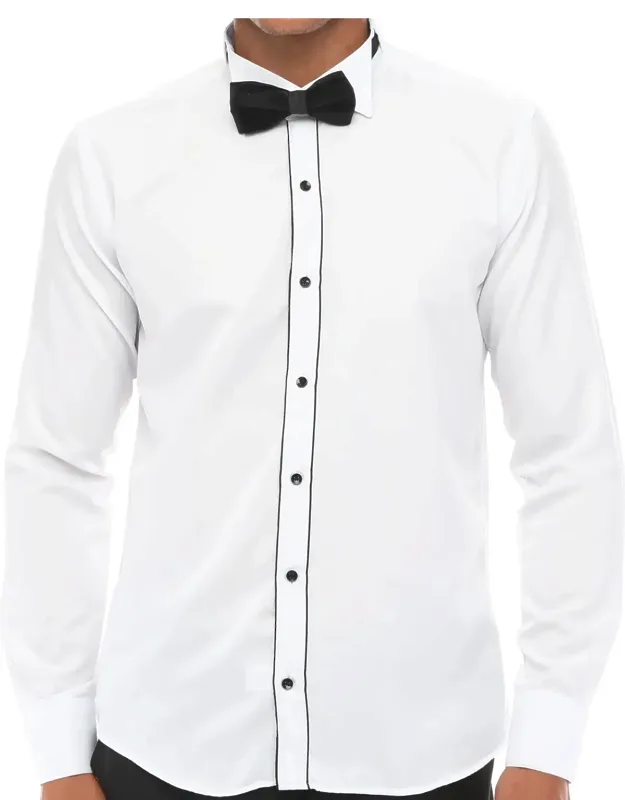 Wing Collar Double Cuff Piping Shirt With Stripe