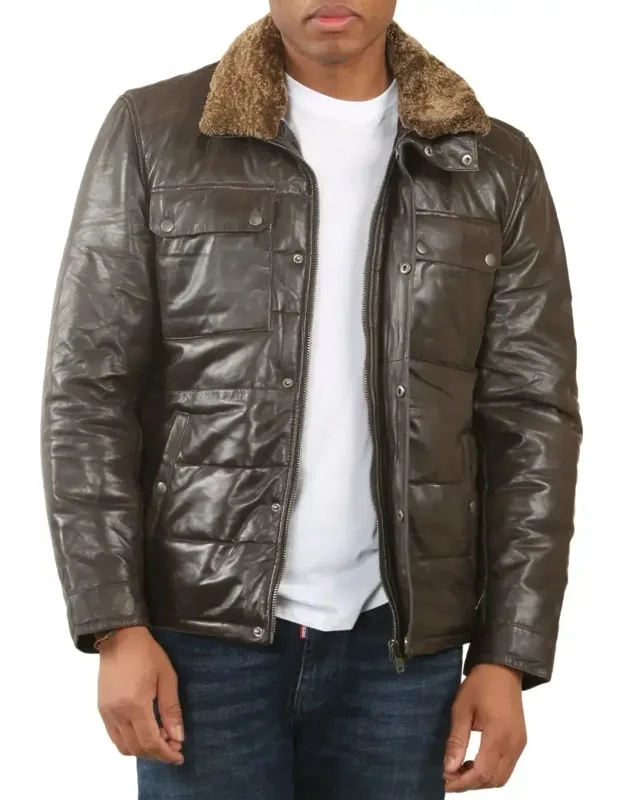 Quilted Faux Fur Collar Leather Jacket
