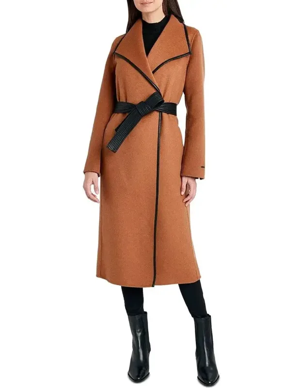 Juliette Double Face Wool Belted Coat With Faux Leather Trim