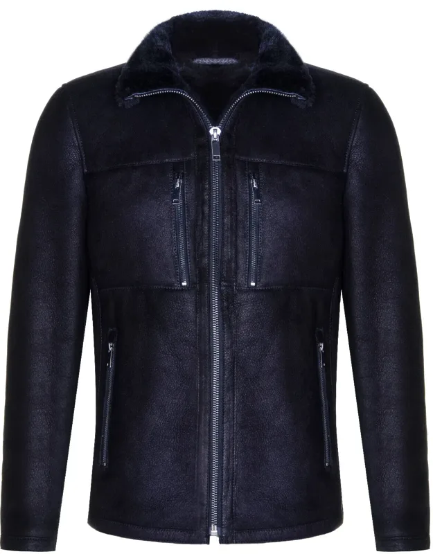 Sheepskin Biker Bomber Jacket-agboville, Double-faced Merino Sheepskin, Versatile Shirt-style Collar