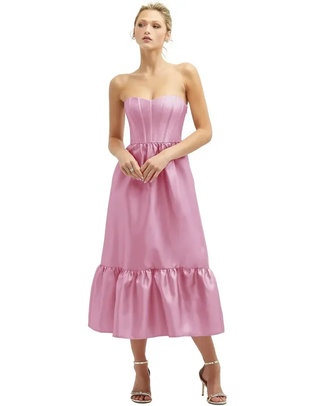 Strapless Satin Midi Dress With Lace-up Back & Ruffle Hem