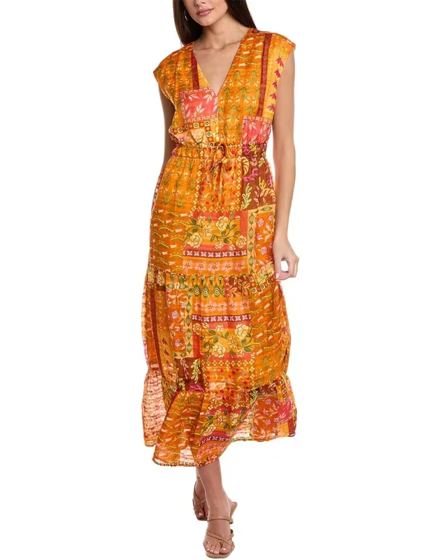Indy Linen-blend Maxi Dress With Flattering V-neck And Elastic Waist