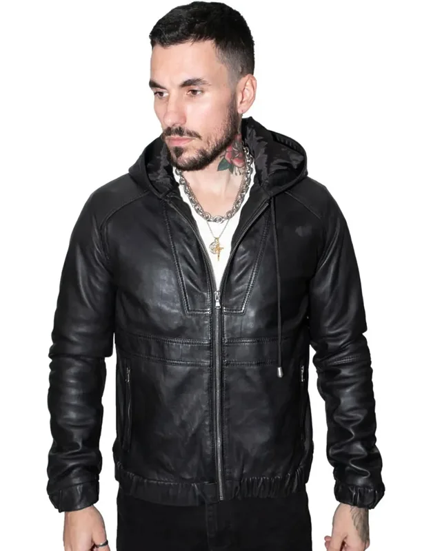 Casual Leather Hooded Bomber Jacket