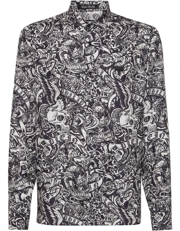 Silk Shirt With Tattoo Print And Curved Hem