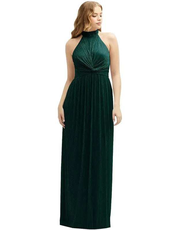 Band Collar Halter Open-back Pleated Maxi Dress With Shimmering And Sophistication