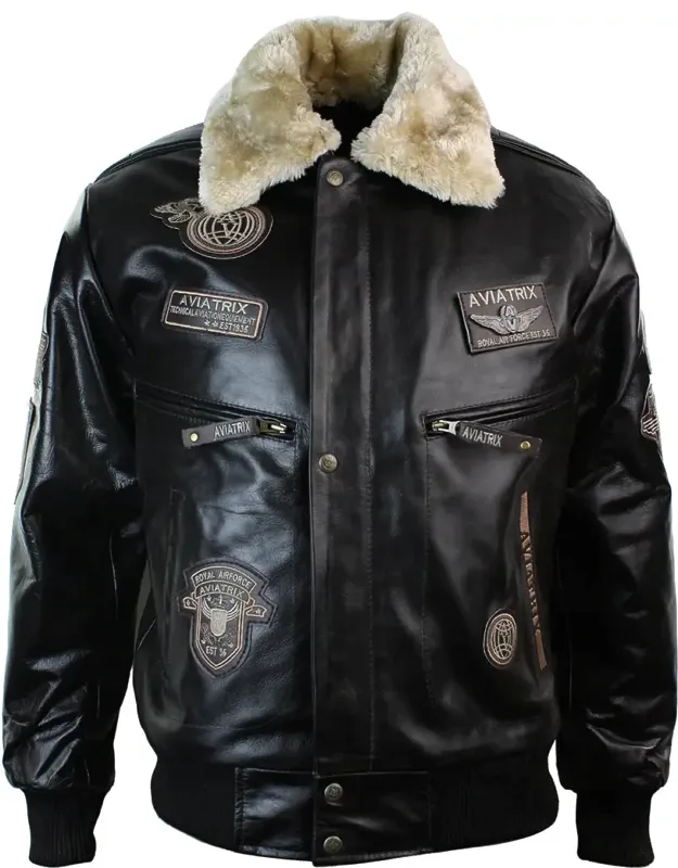 Leather Bomber Jacket With Detachable Fur Collar And Vintage Badges