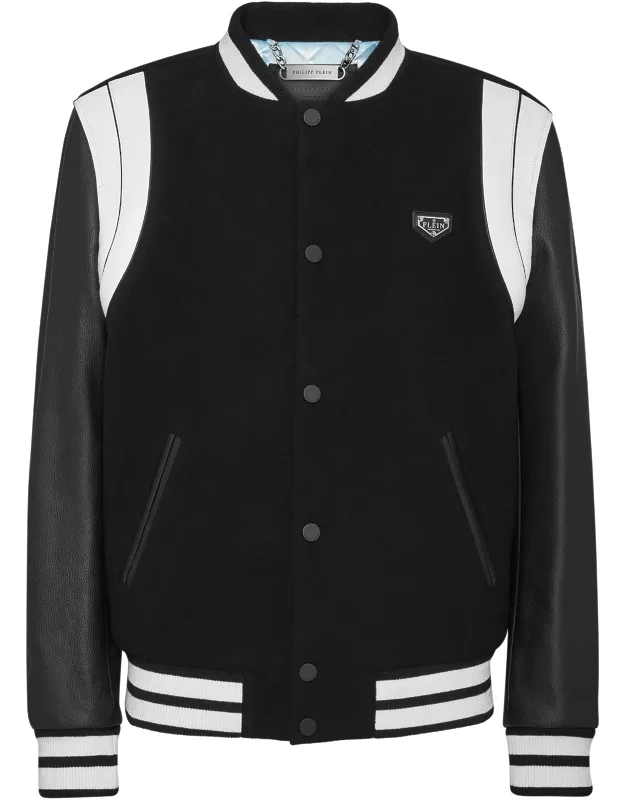 Bomber Jacket College Featured With Striking Black Leather Sleeves.