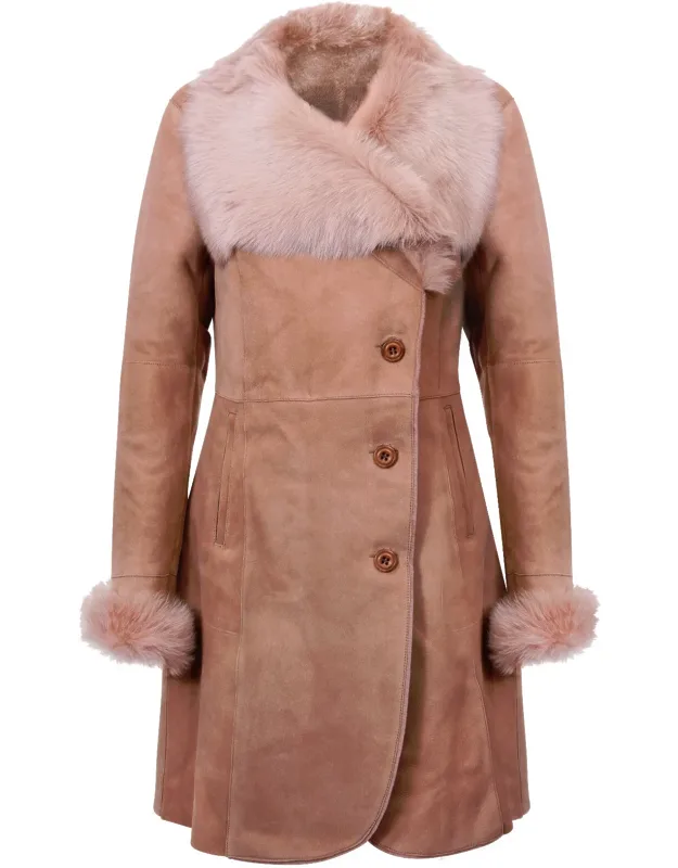 Suede Merino Shearling Coat With Toscana Collar-hanoi, Luxurious Shawl Style Collar, Thick Sheepskin Lining For Warmth