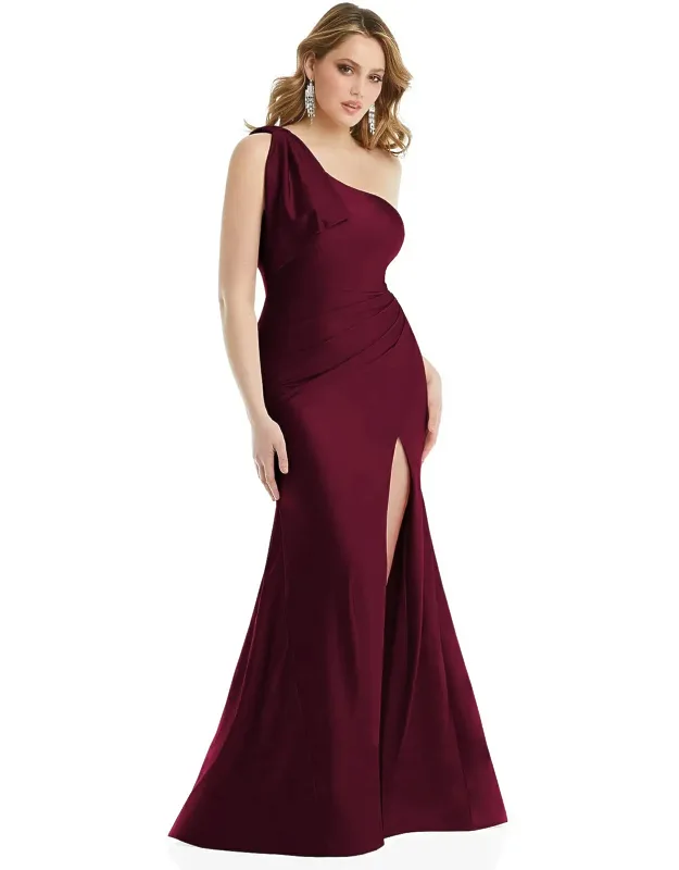 Cascading Bow One-shoulder Stretch Satin Mermaid Dress With Slight Train