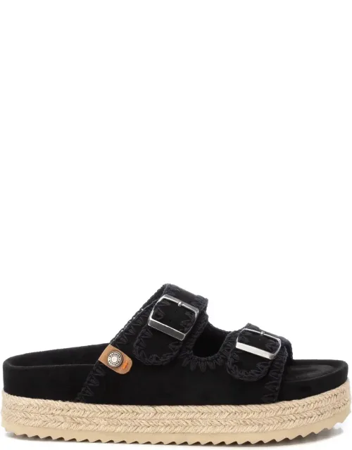 Suede Flat Sandals With Braided Jute Details