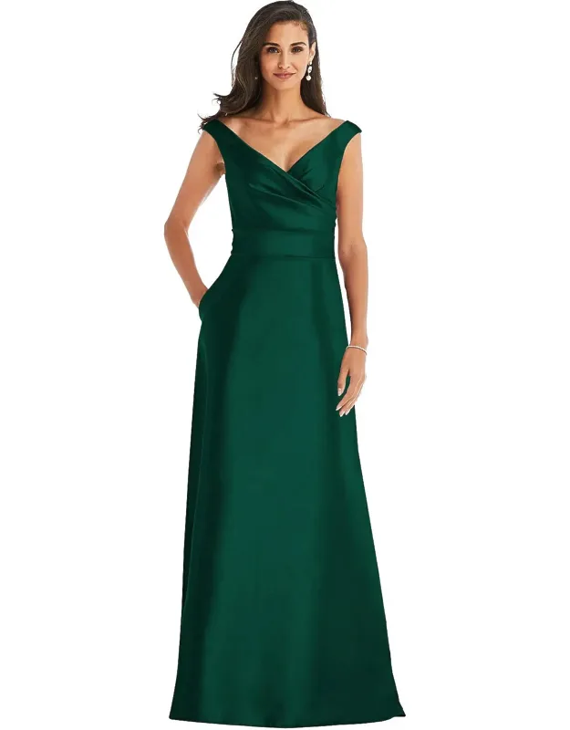 Off-the-shoulder Draped Wrap Satin Maxi Dress
