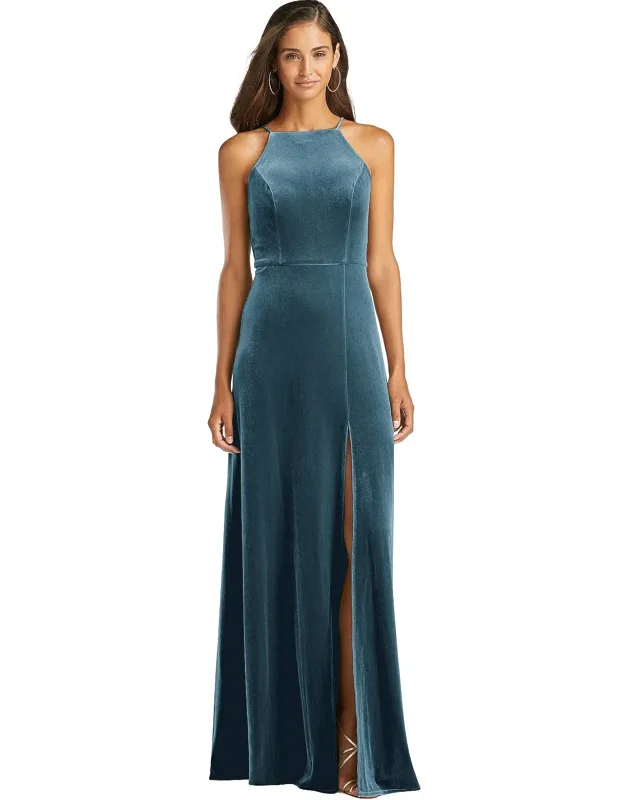 Velvet Halter Maxi Dress With Front Slit
