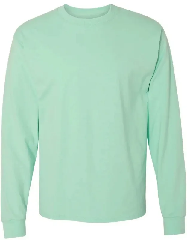 Hanes Beefy-t Long Sleeve T-shirt With Double-needle Stitched Lay Flat Collar, Sleeves And Bottom Hem