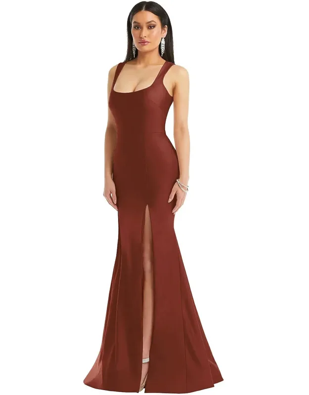 Square Neck Stretch Satin Mermaid Dress With Slight Train