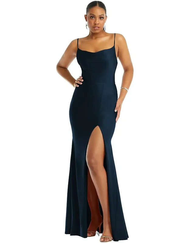 Cowl-neck Open Tie-back Stretch Satin Mermaid Dress With Slight Train