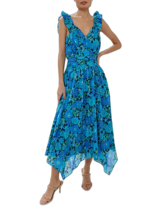Greta Midi Dress With Cascading Ruffles And Asymmetrical Silhouette