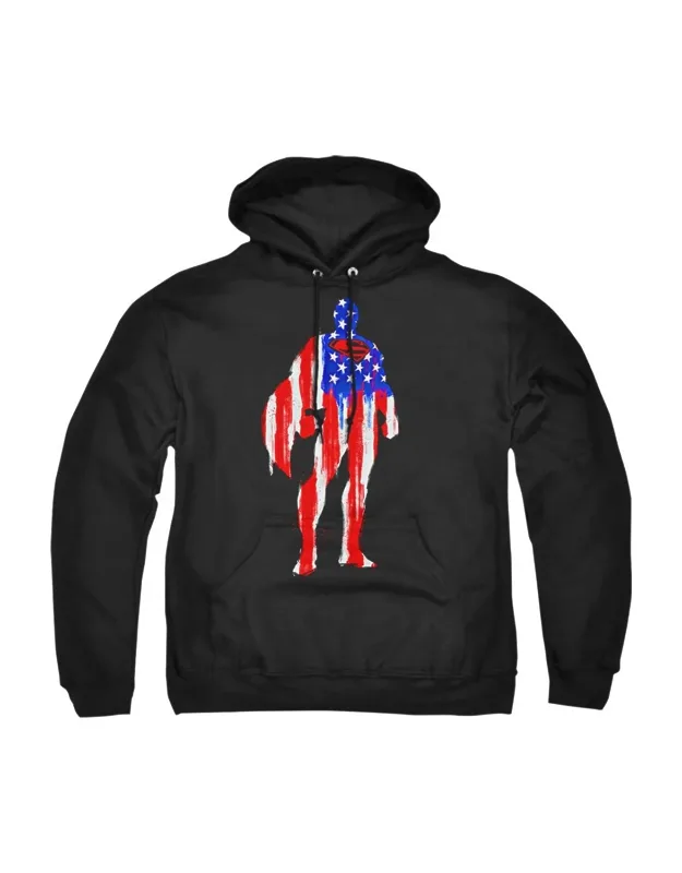 Superman Flag Silhouette Adult Pull Over Hoodie / Hooded Sweatshirt, 50% Cotton And 50% Polyester