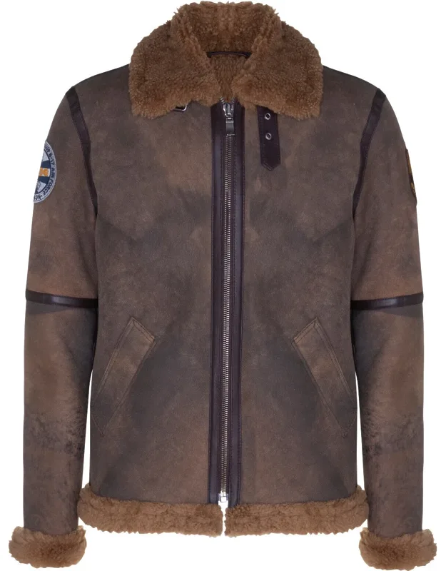 B3 Sheepskin Bomber Jacket-arnsberg With Genuine Double-faced Sheepskin For Durability And Comfort, Weatherproof Distressed Leather Finish For A Vintage Appeal.
