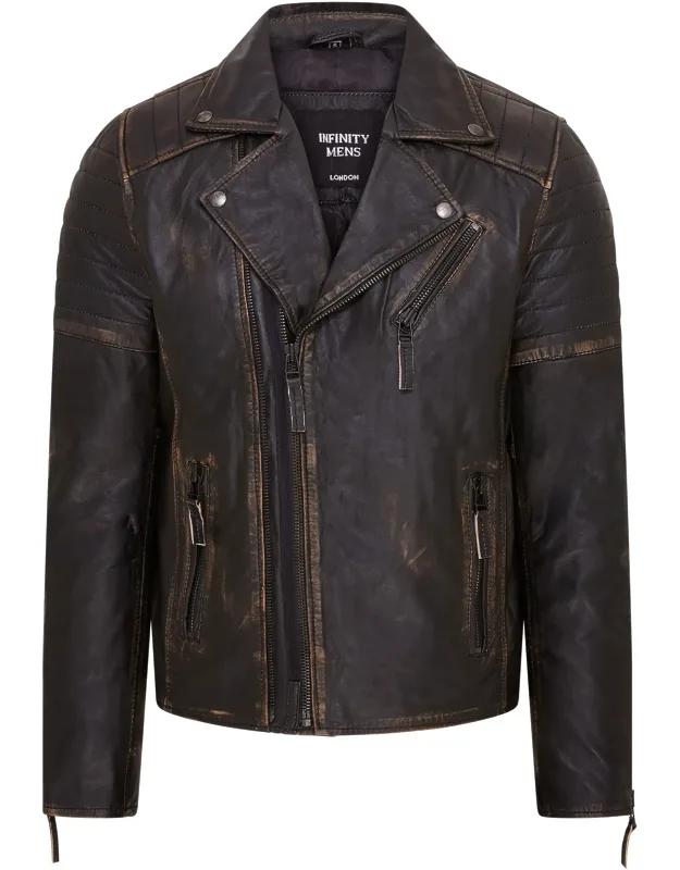 Brando Double Cross Zip Leather Biker Jacket- Fagernes With Double Zip Front And Wide Notch Stud Fastened Lapels