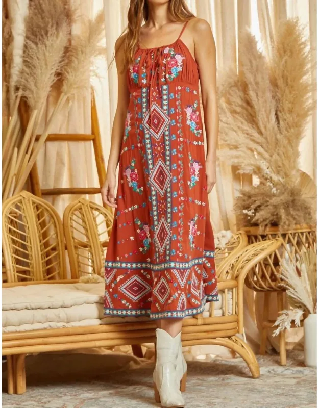 Embroidered Midi Dress With Tie Front Details