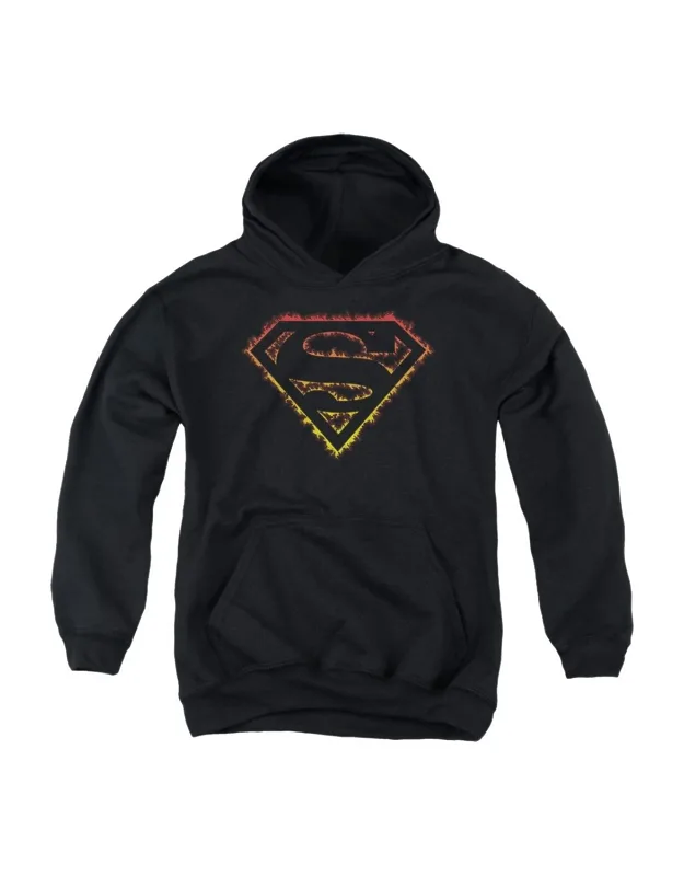 Superman Flame Outlined Logo Youth Pull Over Hoodie - Stylish For Everyday Wear, 50% Cotton And 50% Polyester