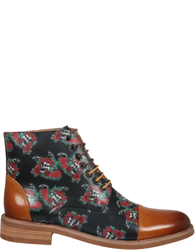 Oxford Floral Skull Print Lace Up Leather Dress Ankle Boots