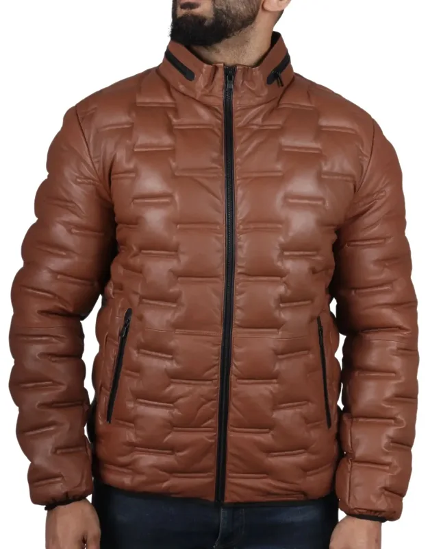 Puffer Quilted Real Leather Waist Length Jacket