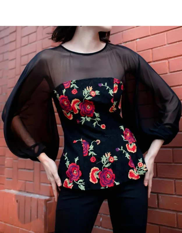 Candace Top With Embroidered Lace And Sheer Mesh Yoke