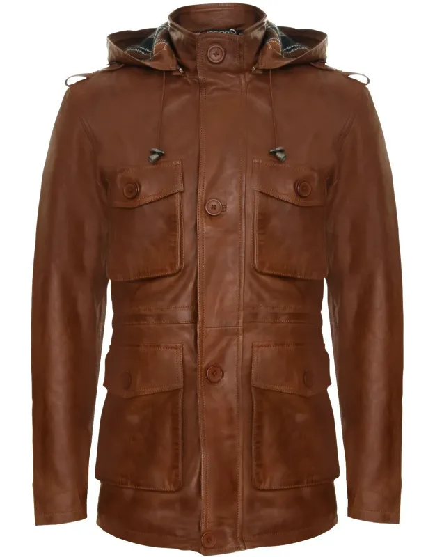 Hooded Trench Multi-pocket Overcoat Leather Jacket