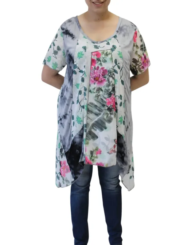 Patchwork Long Tunic Top - Asymmetrical Design, Floral Pattern