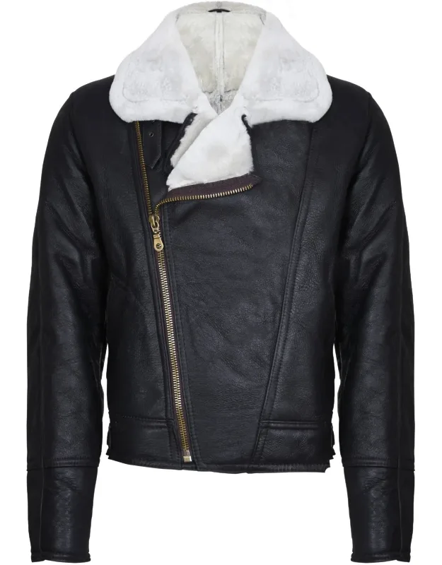 Tucson Sheepskin Leather Ww2 Bomber Jacket With Thick Lining And Off Centred Ykk Zip