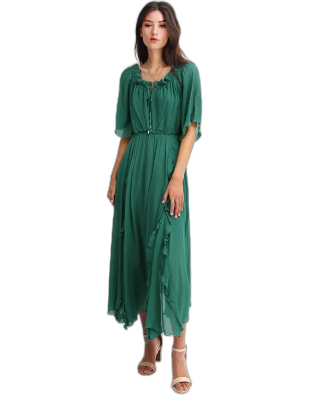 Amour Amour Ruffled Midi Dress With Elbow Length Sleeves And Adjustable Drawstring