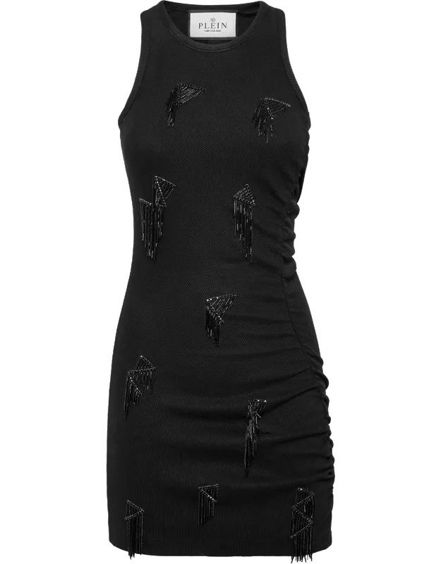 Ribbed Short Dress With Fringe