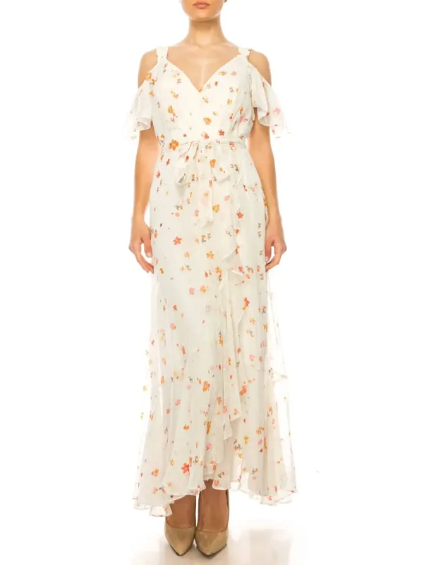 _flower Off The Shoulder Strap Dress With Belted Waistline And Tiered Skirt_