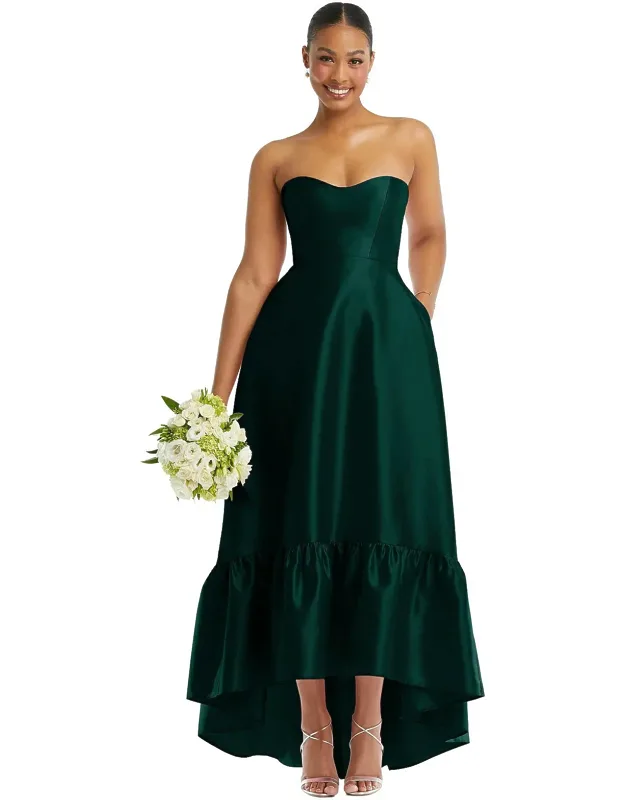 Ruffle Hem Satin High Low Dress With Pockets
