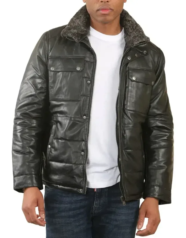 Quilted Faux Fur Collar Leather Jacket