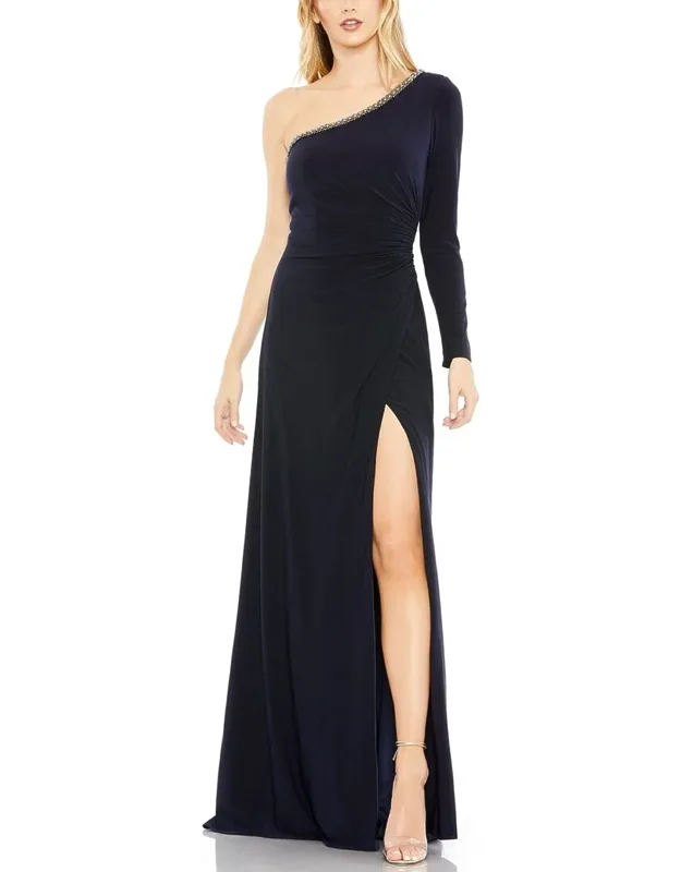 Column Dress With Asymmetrical Gown And One Long Sleeve