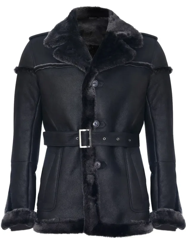 Merino Sheepskin Suede Jacket With Tie Belt, Insulating Lamb Wool Lining