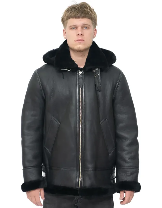 Hooded Sheepskin Leather B3 Flying Jacket-harwich With Adjustable Hood And Chunky Ykk Zipper