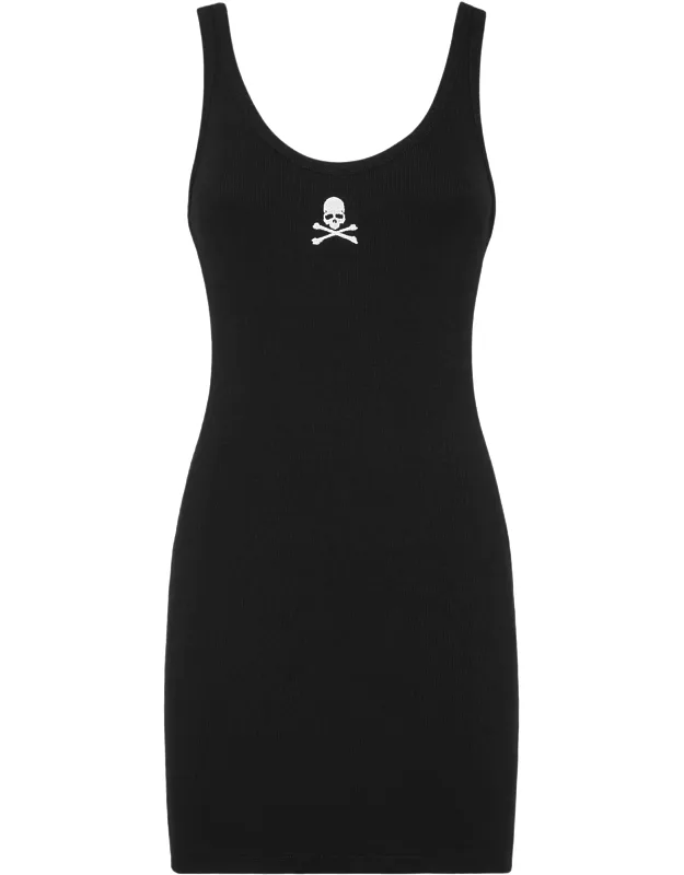 Short Dress With Rib Knit Stretch Polyester Jersey And Jewel-embellished Neckline