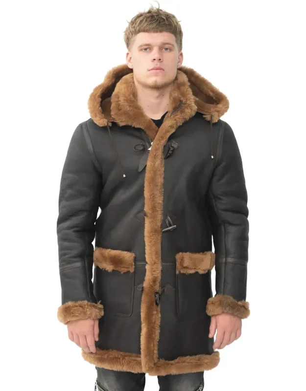 Winter Sheepskin Hooded Duffle Coat-isleworth With Removable Hood And Thick Lining