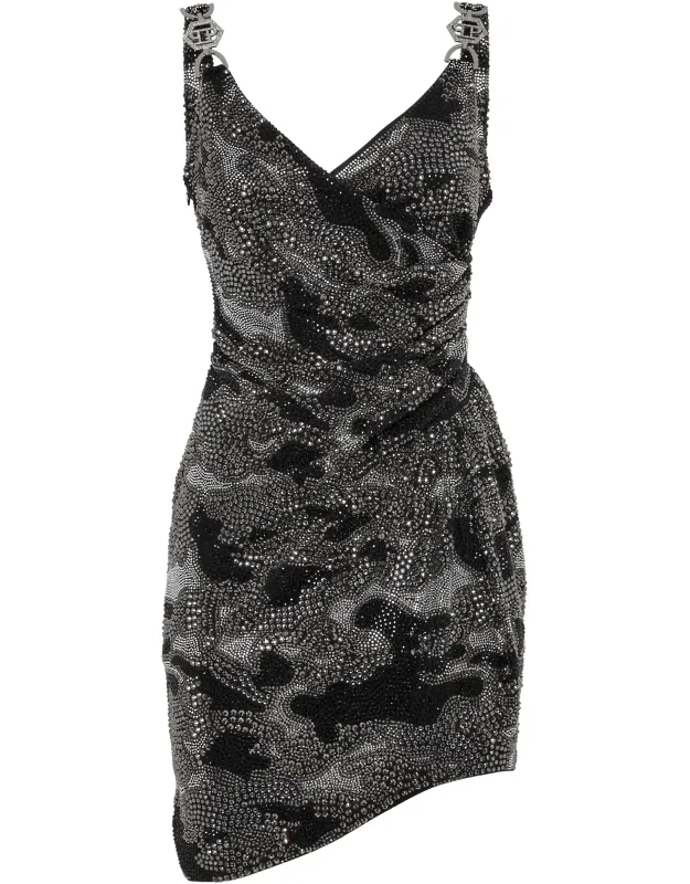 Mini Dress With Rhinestoned Straps And Side Slit