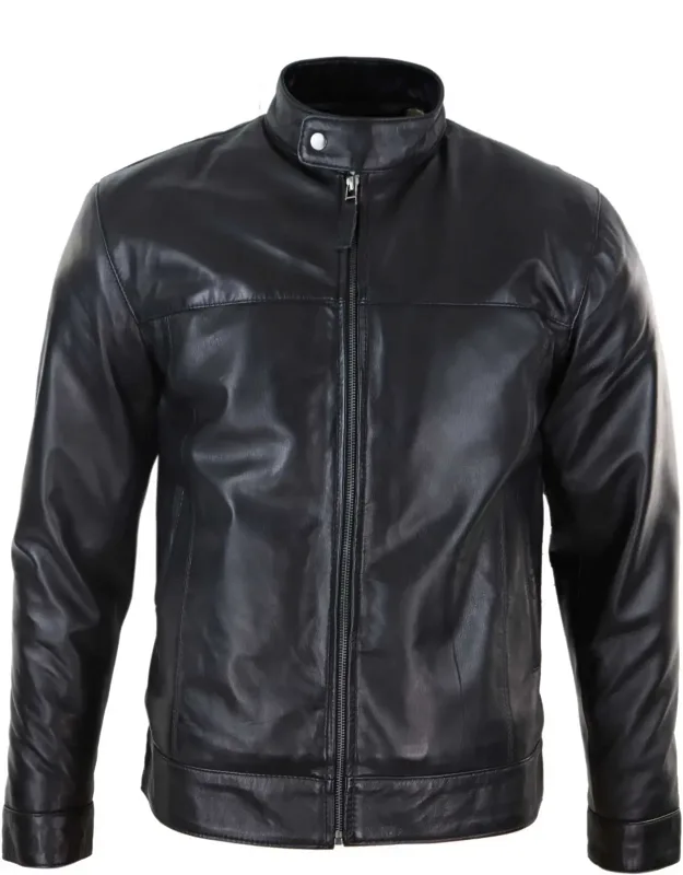 Leather Jacket Nehru Grandad Collar Biker