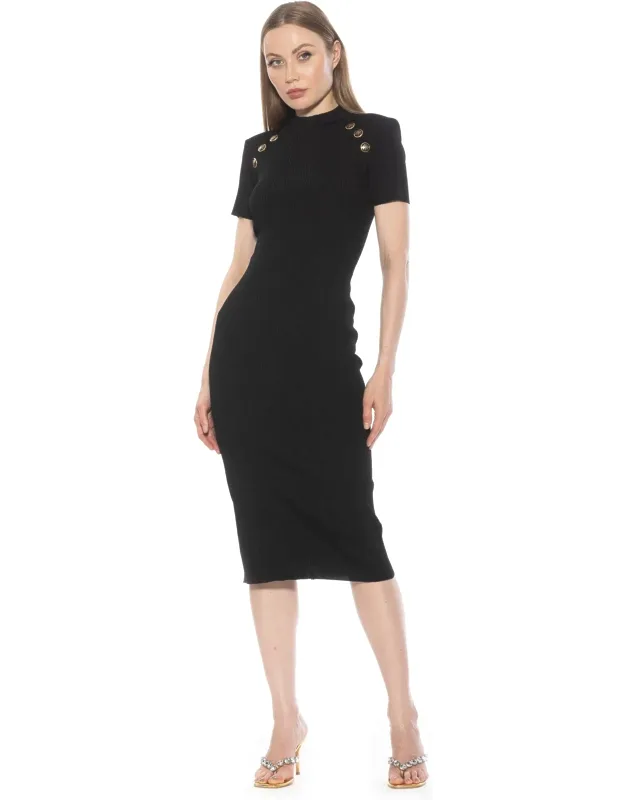 Adara Dress With Gold Detail Buttons And Mockneck