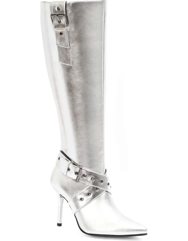 _knee High Boots With Stiletto Heel, High Heel, Pointy Toe, Side Zipper, Silver Color_