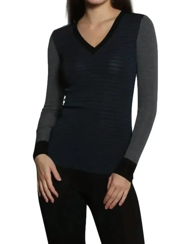 Rib Vee Pullover In Super Fine Merino Wool