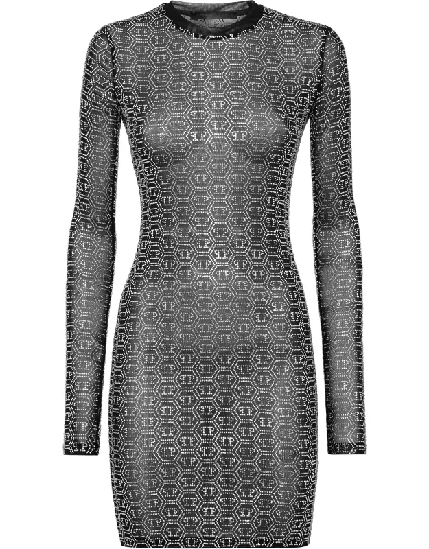 Short Dress With Jewelled Tulle And Thumbhole