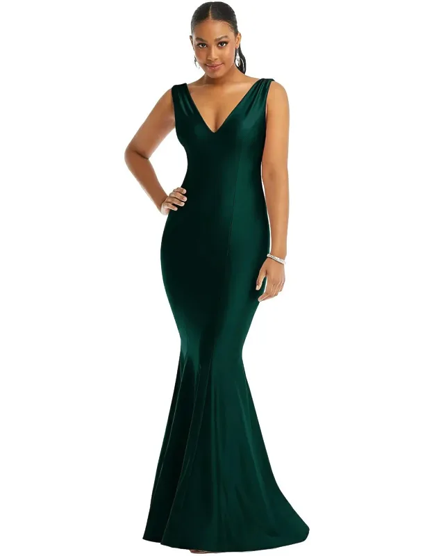 Shirred Shoulder Stretch Satin Mermaid Dress With Slight Train