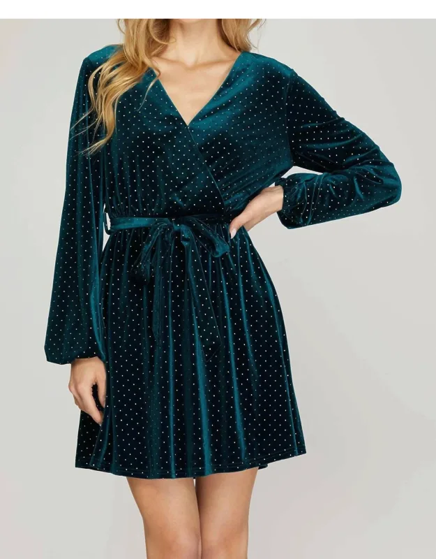 Surplice Dress With Gold-dot In Velvet